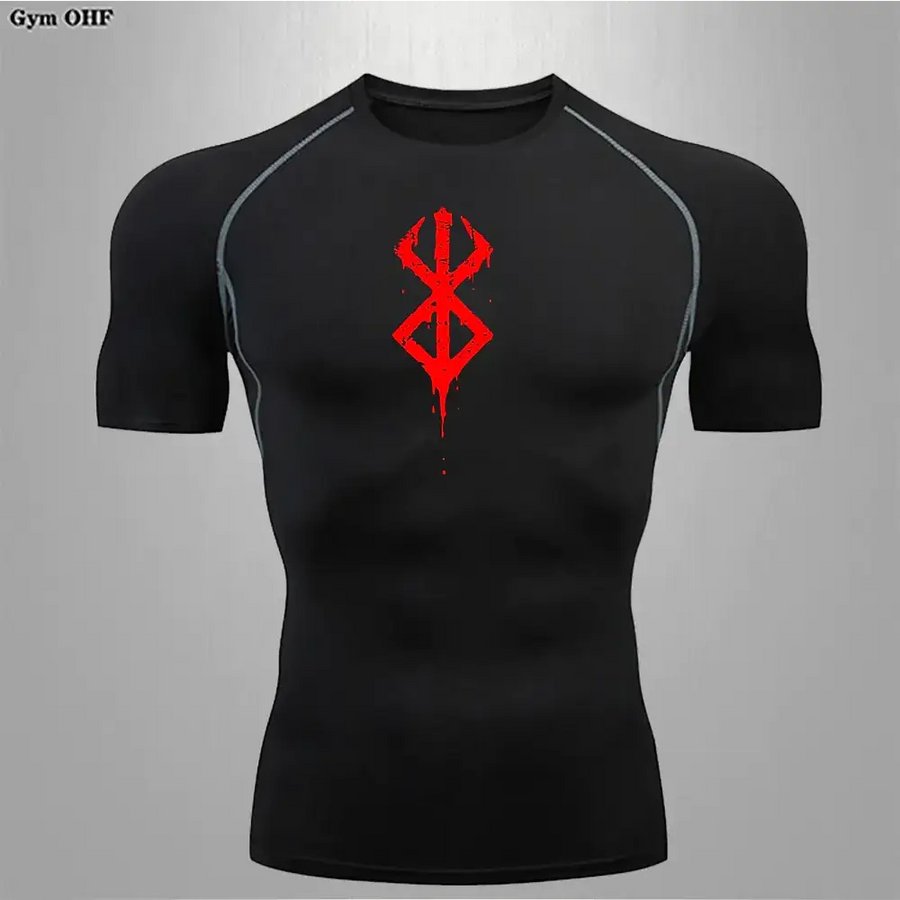 Black short-sleeved compression shirt with red ’berserk’ logo on the chest and gray seam detailing.