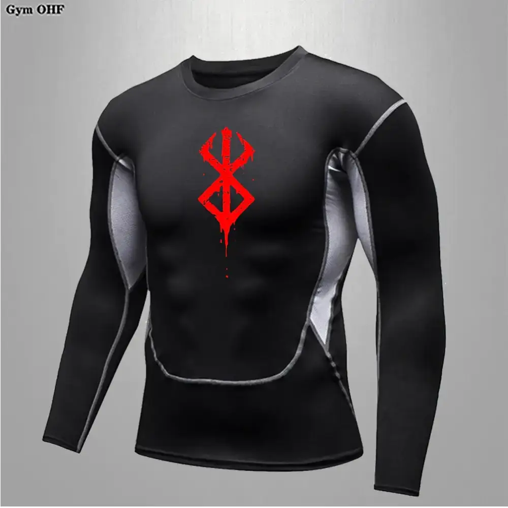 Black long-sleeved compression shirt with gray panels and a red, dripping logo on the chest.