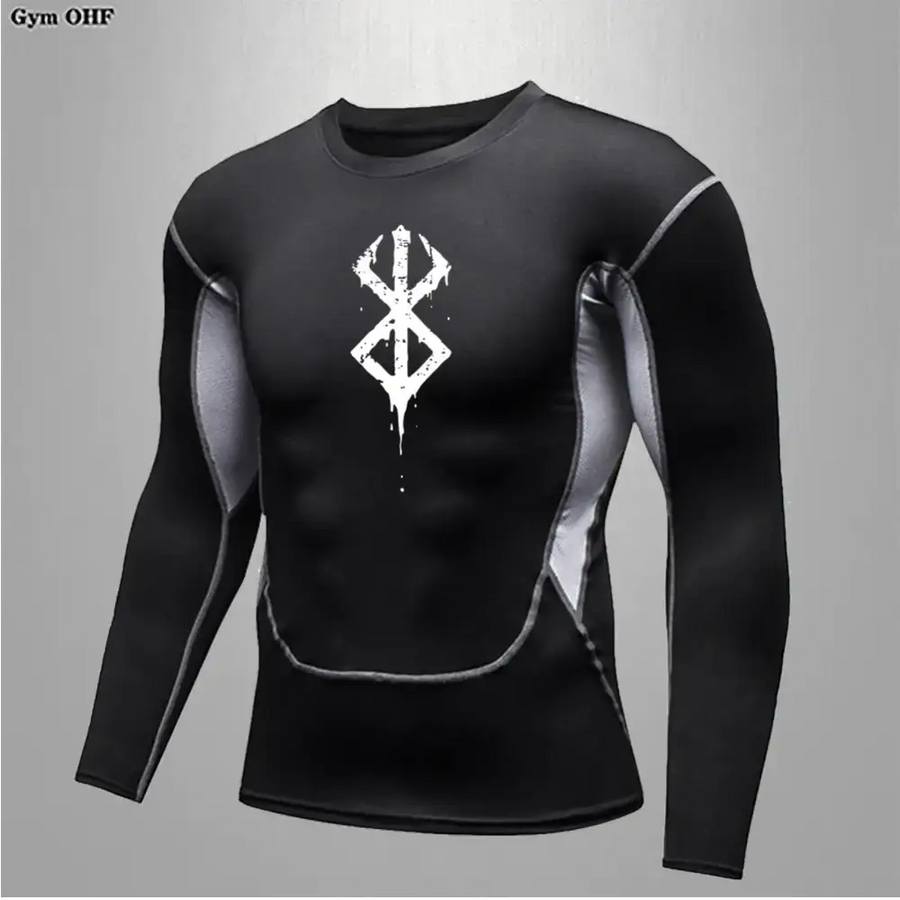 Black long-sleeved compression shirt with gray panels and a white distressed emblem on the chest.