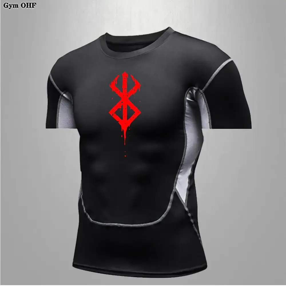 Black compression shirt with red, dripping ’berserk’ logo on the chest and gray paneling along the sides.