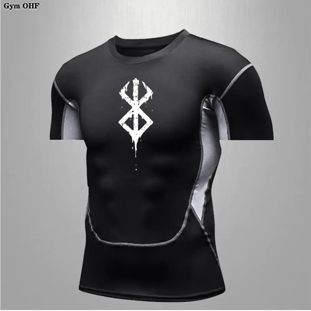 Black compression shirt with white, dripping ’berserk’ logo and gray panel accents.