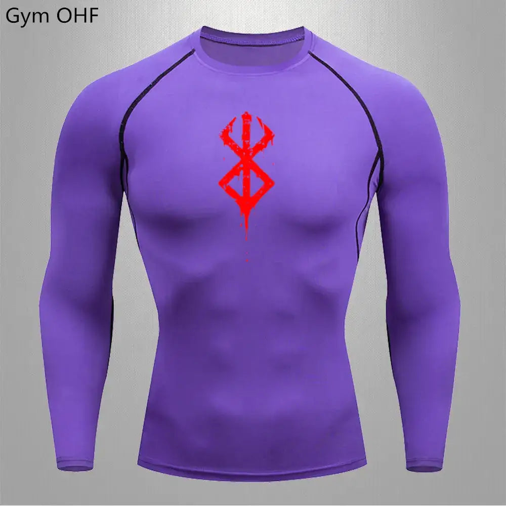 Purple long-sleeved compression shirt with black seam detailing and a red stylized logo on the chest.