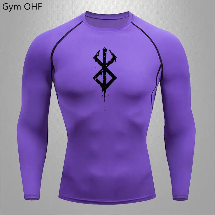 Purple long-sleeved compression shirt with black graphic design and contrasting black seam detailing.