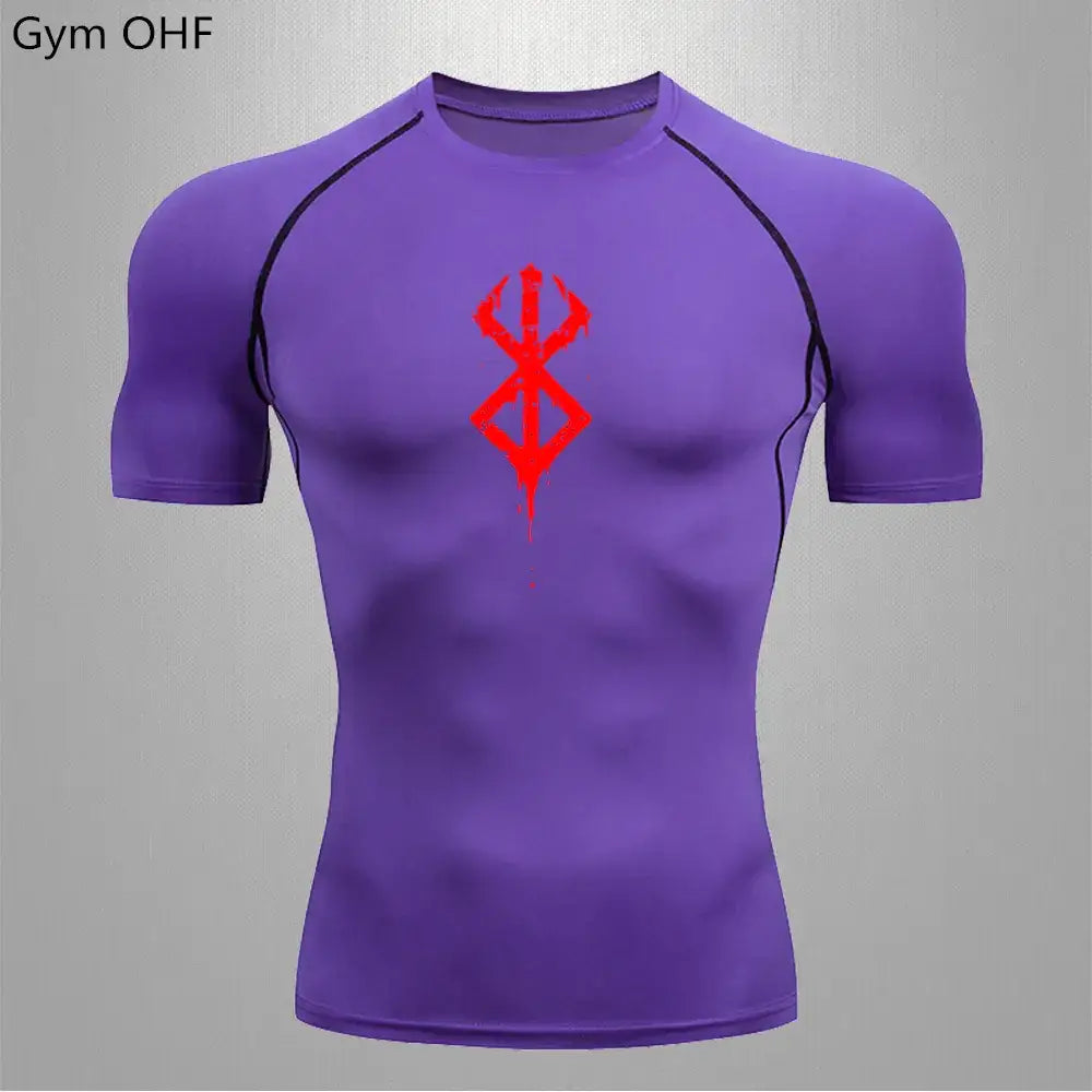 Purple gym ohf compression shirt with black seam detailing and a red bloodborne logo printed on the chest.
