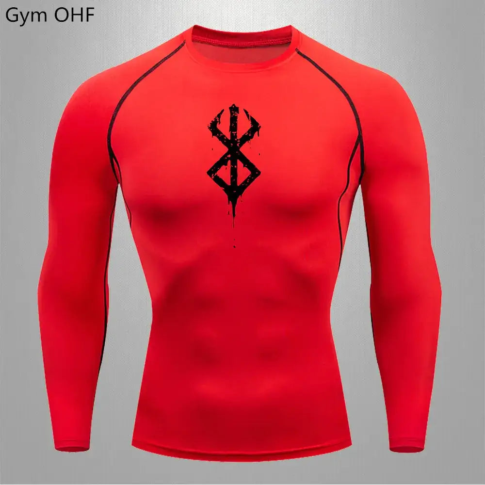 Vibrant red long-sleeved compression shirt with black graphic detailing and raglan sleeves.