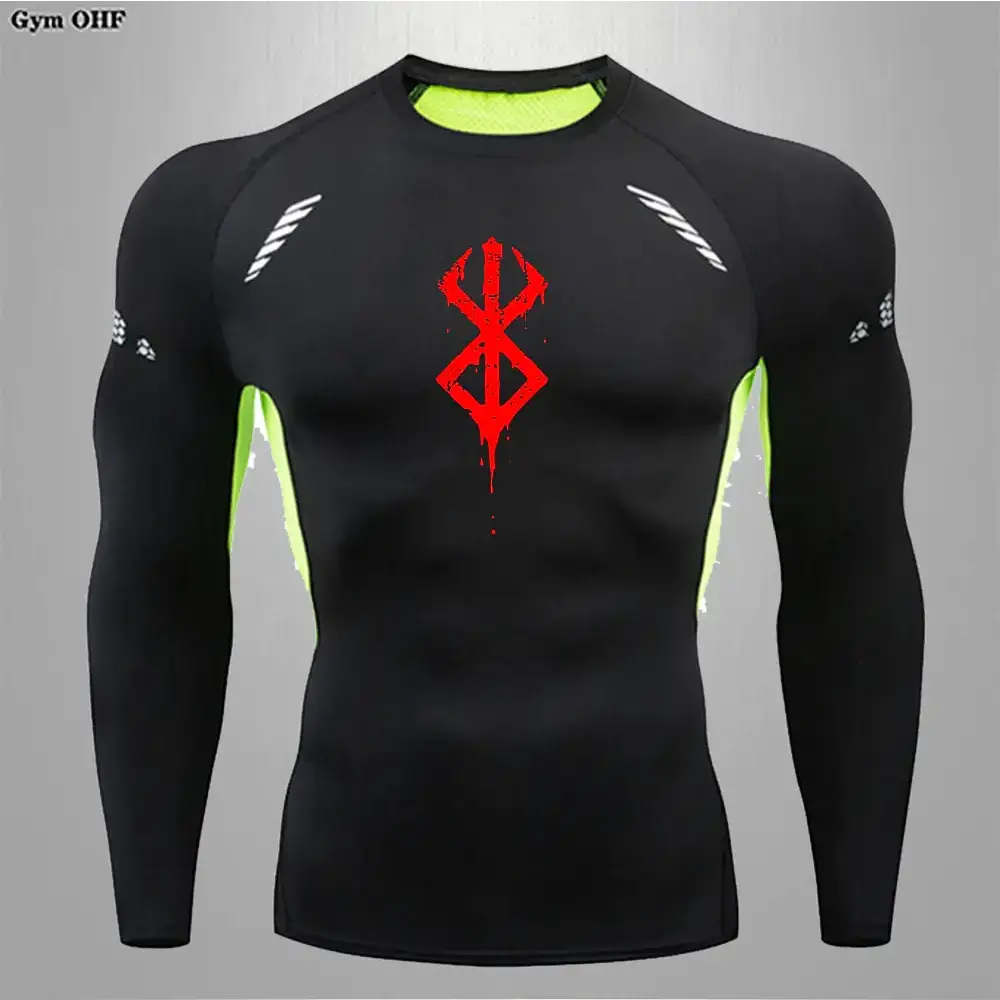 Black long-sleeved compression shirt with neon green accents and a red bloodborne logo on the chest.