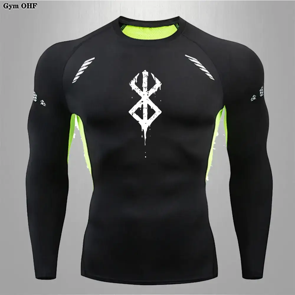 Black long-sleeved compression shirt with neon green accents and a white stylized logo on the chest.
