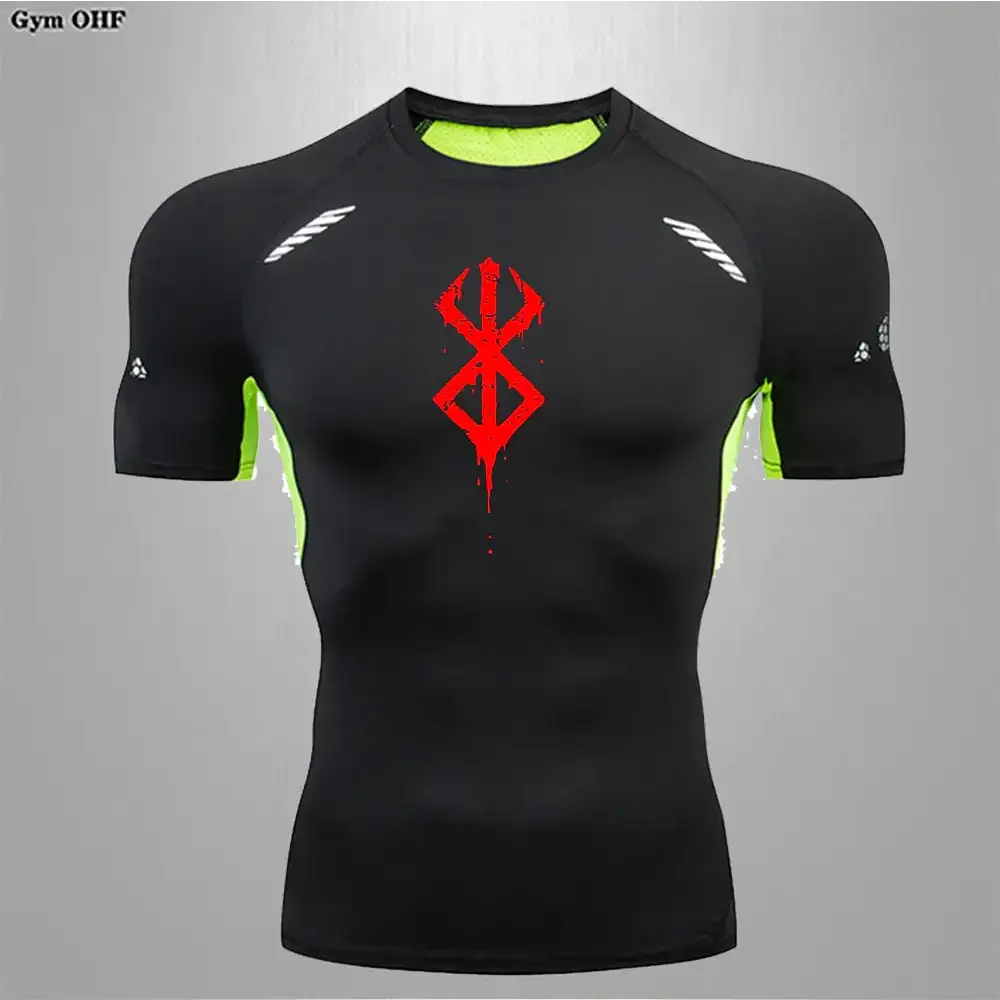 Black compression shirt with neon green accents and a red, dripping logo on the chest.