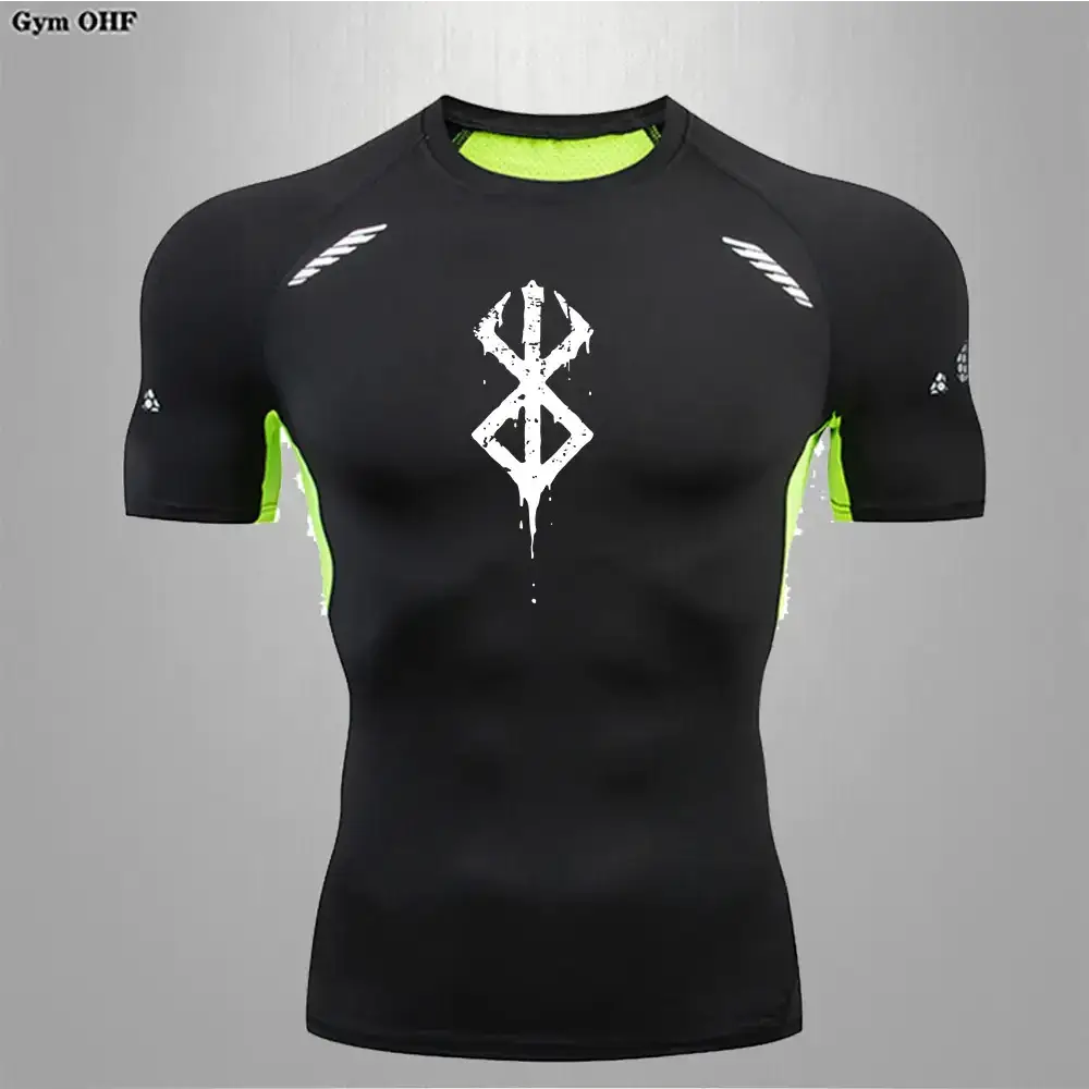 Black compression shirt with neon green accents and a white stylized logo on the chest.