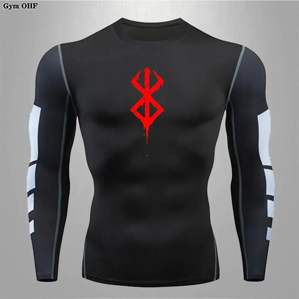 Black long-sleeved compression shirt with red ’berserk’ logo and white stripes on the sleeves.