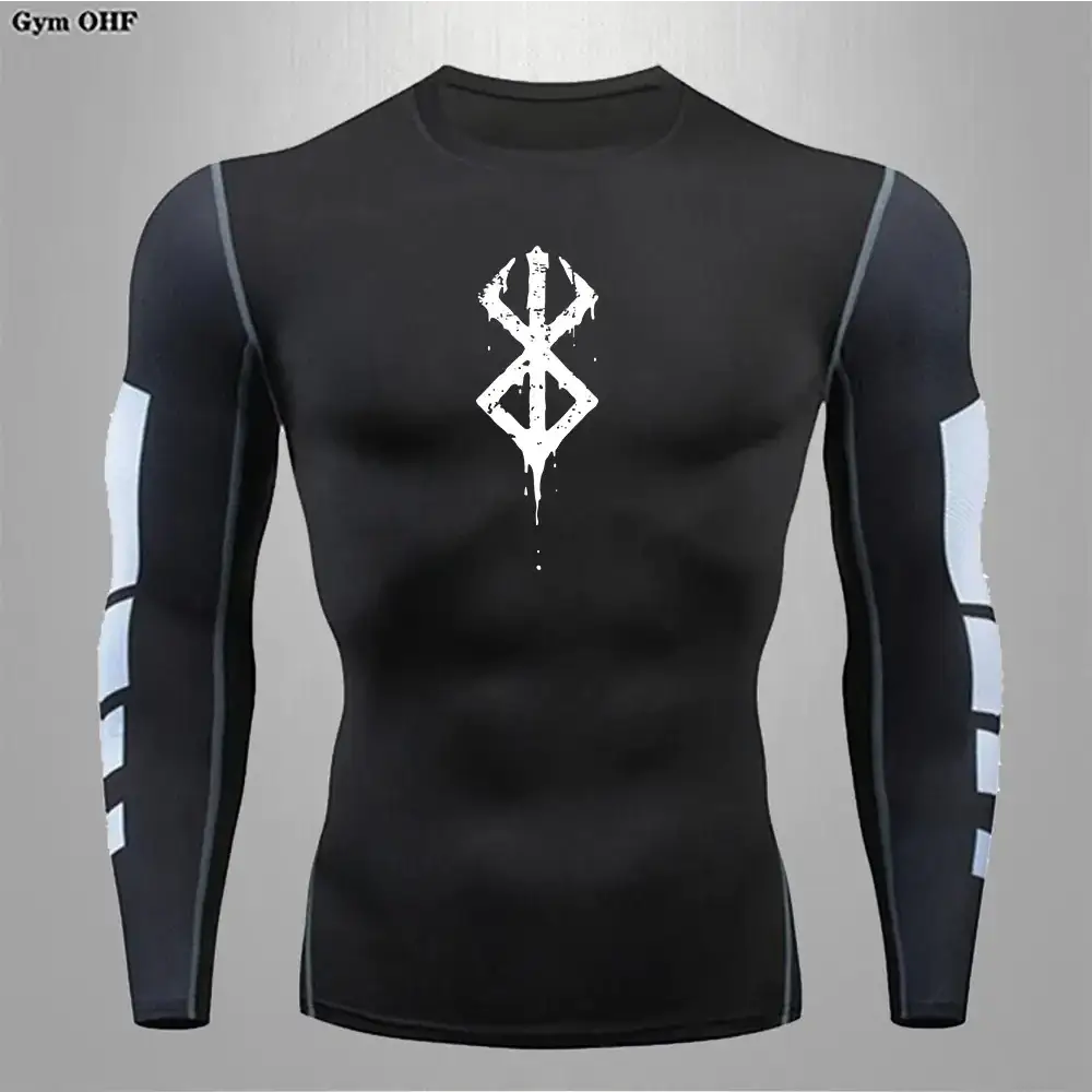 Black long-sleeved compression shirt with white graphic and sleeve stripes.