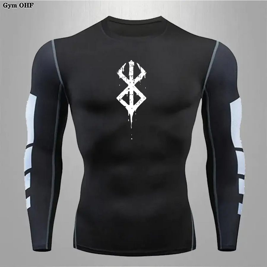 Black long-sleeved compression shirt with white graphic and sleeve stripes.