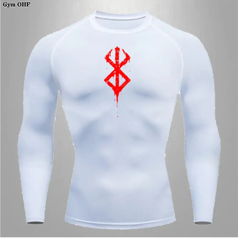 White long-sleeved compression shirt featuring a bold red, dripping logo on the chest.