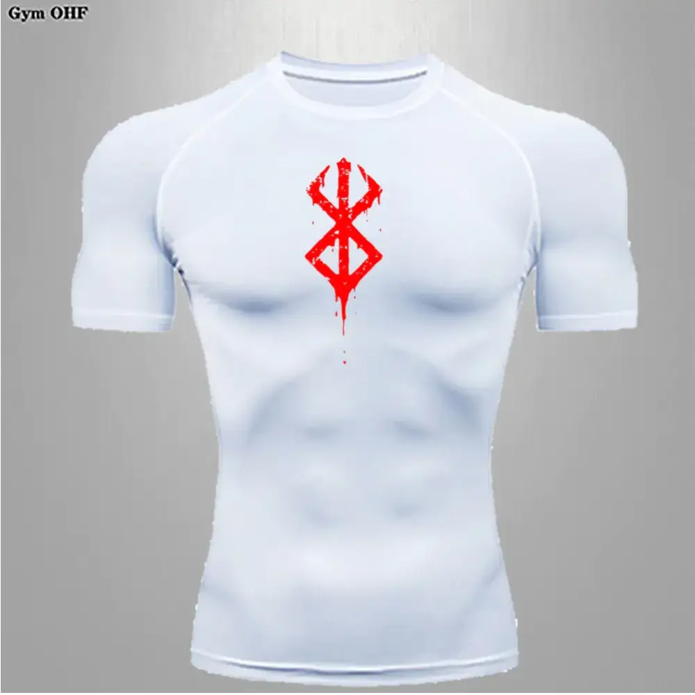 White compression shirt with a red, stylized rune graphic on the chest.
