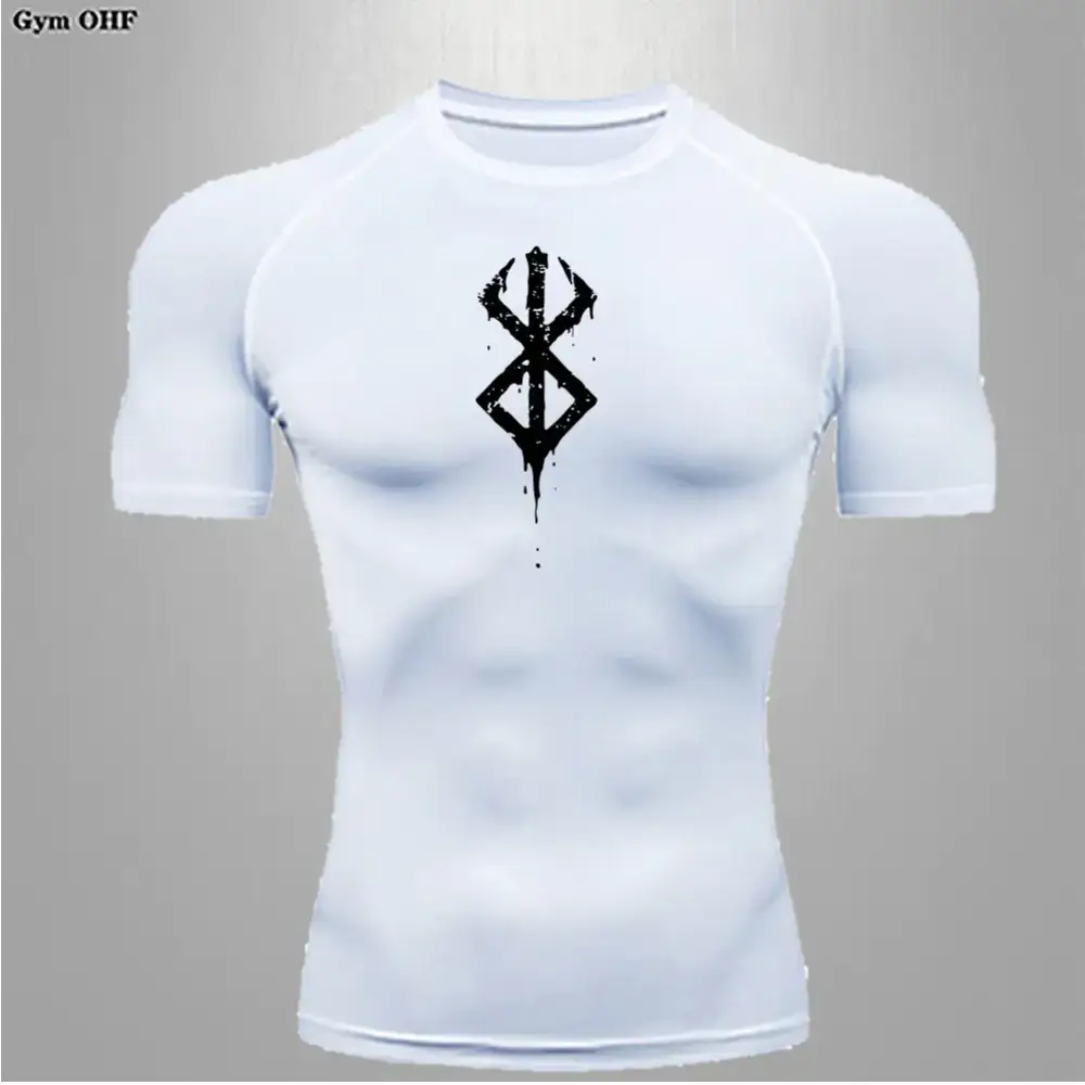 White compression shirt with a black, dripping-style rune graphic on the chest.