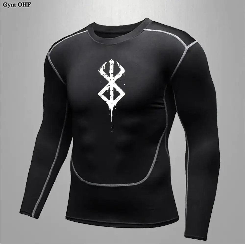 Black long-sleeved compression shirt with white distressed logo and gray seam detailing.
