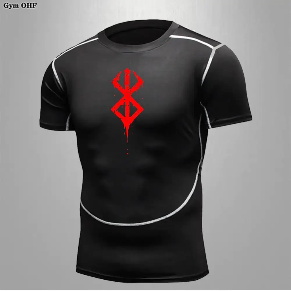 Black short-sleeved compression shirt with white stitching and a red, dripping logo on the chest.
