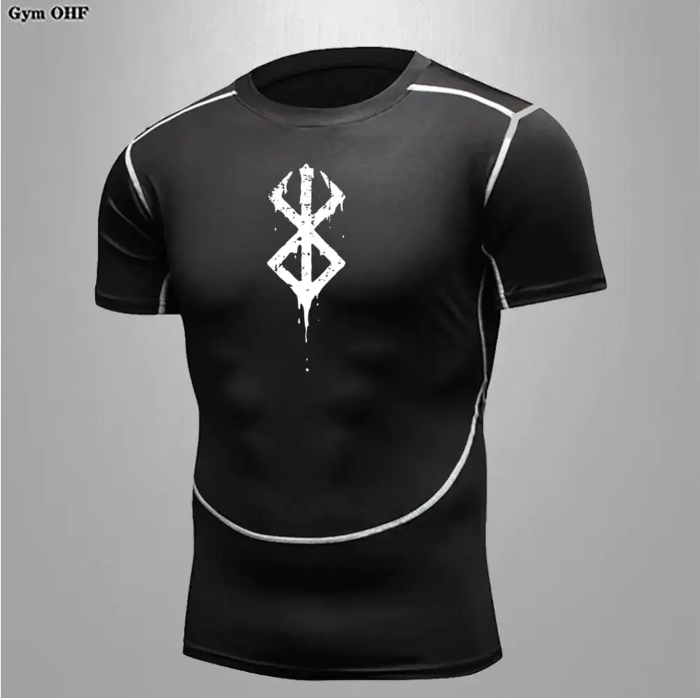 Black compression shirt with white stitching and a distressed white emblem on the chest.