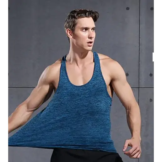 Blue heathered tank top with a scoop neckline and racerback design.