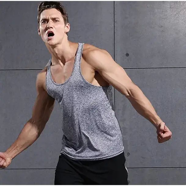 Gray heathered athletic tank top.