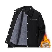 Black corduroy jacket with a plush gray fleece lining and silver buttons.