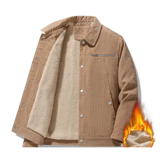 Tan corduroy jacket with a plush beige sherpa lining and silver buttons.
