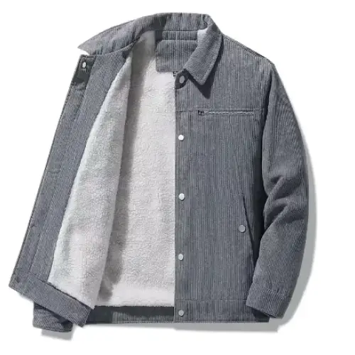 Gray corduroy jacket with a soft, light gray fleece lining.