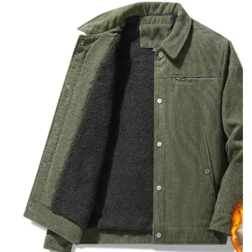 Olive green corduroy jacket with a plush black fleece lining.