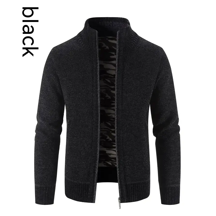 Black textured knit zip-up cardigan with a subtle patterned lining.