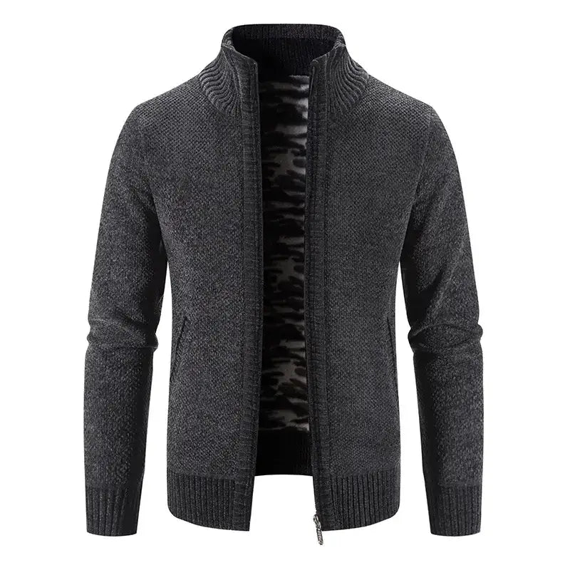 Dark gray textured knit zip-up cardigan with ribbed collar and cuffs.