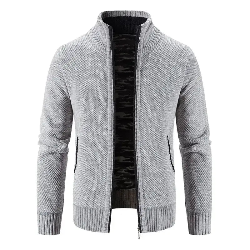Gray textured knit zip-up sweater with ribbed collar, cuffs, and hem.