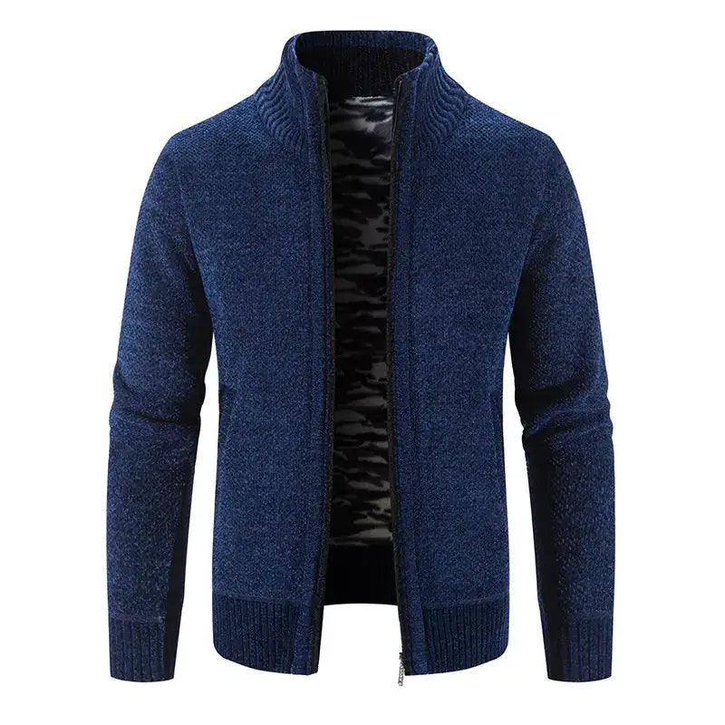 Navy blue textured knit zip-up sweater with ribbed collar and cuffs