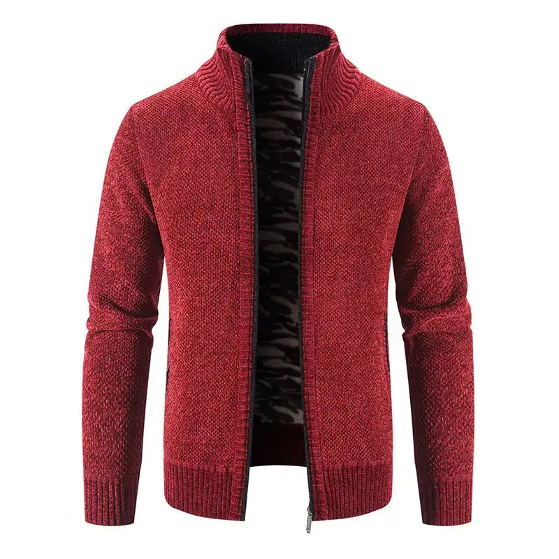 Red textured knit zip-up cardigan with a black inner lining.