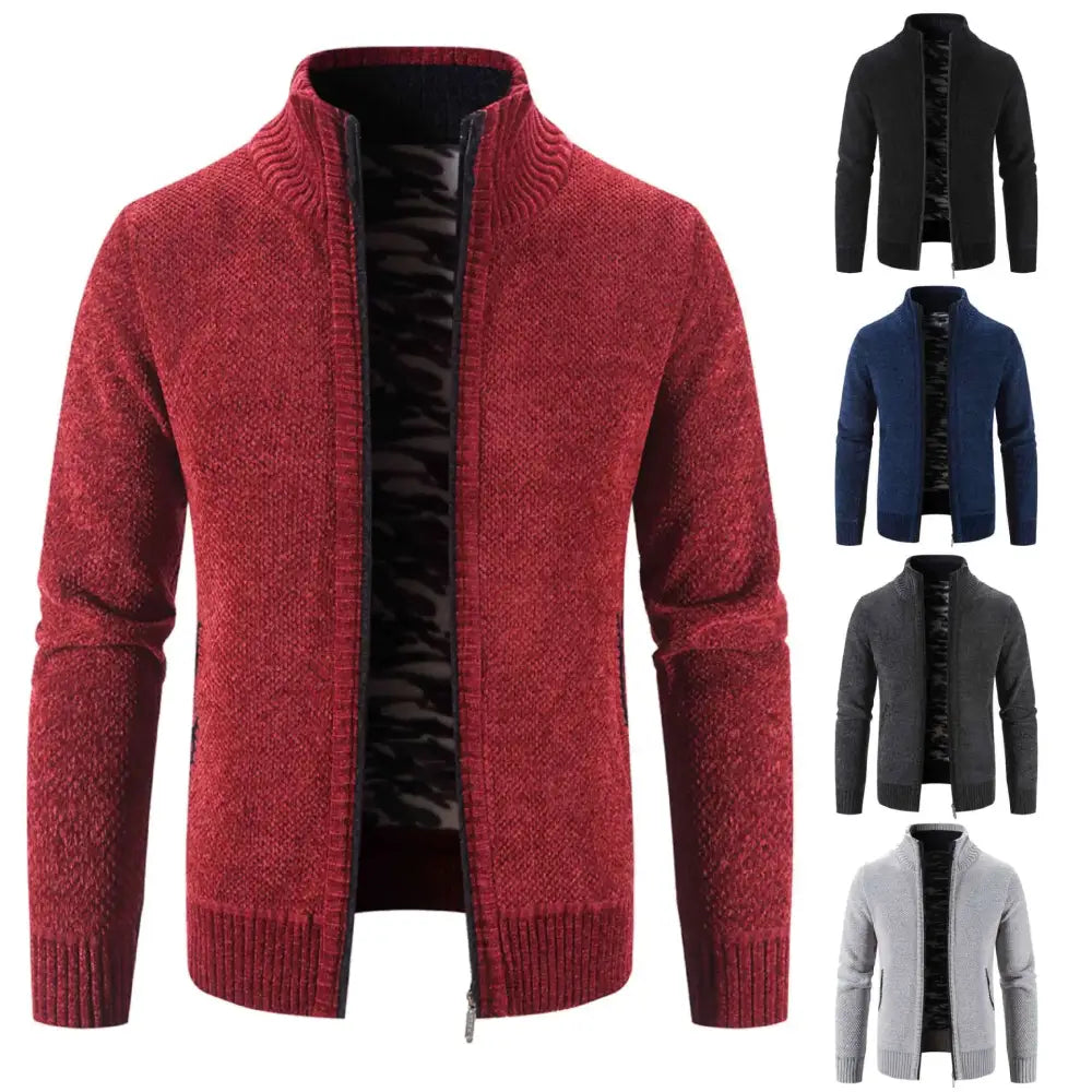 Red textured knit zip-up cardigan with ribbed collar and cuffs.