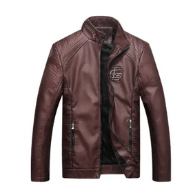 Men's Fleece Lined Leather Jacket with Stand Collar