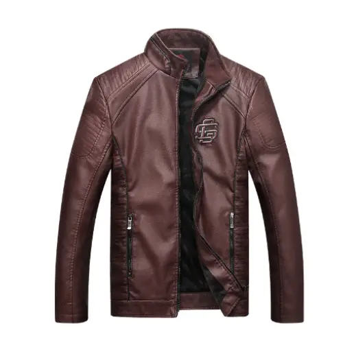 Men's Fleece Lined Leather Jacket with Stand Collar