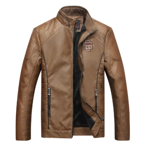 Men's Fleece Lined Leather Jacket with Stand Collar