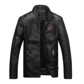 Men's Fleece Lined Leather Jacket with Stand Collar