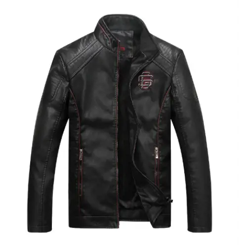 Men's Fleece Lined Leather Jacket with Stand Collar