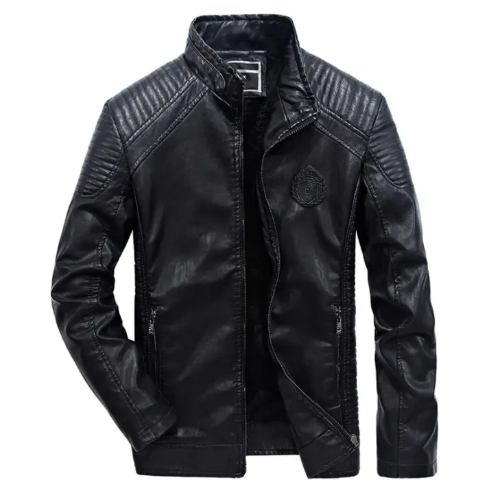 Men's Fleece Lined Leather Jacket with Stand Collar