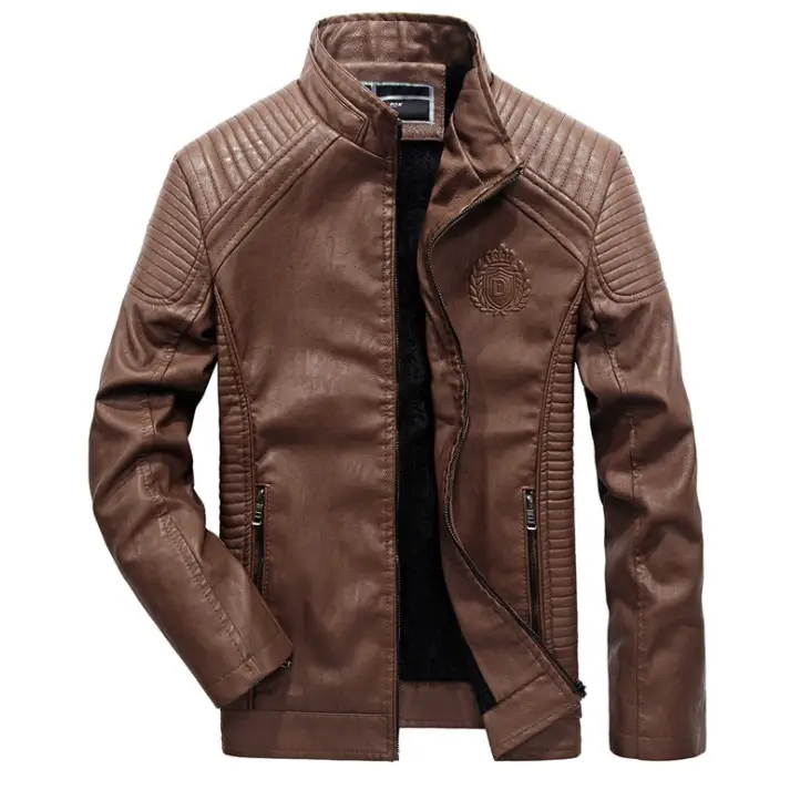 Men's Fleece Lined Leather Jacket with Stand Collar