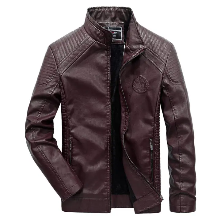 Men's Fleece Lined Leather Jacket with Stand Collar