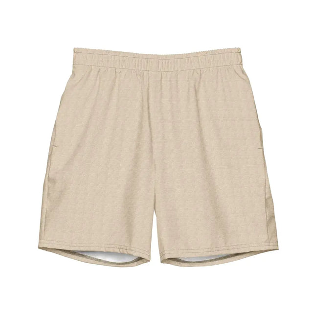 Beige textured shorts with an elastic waistband and subtle side pockets.