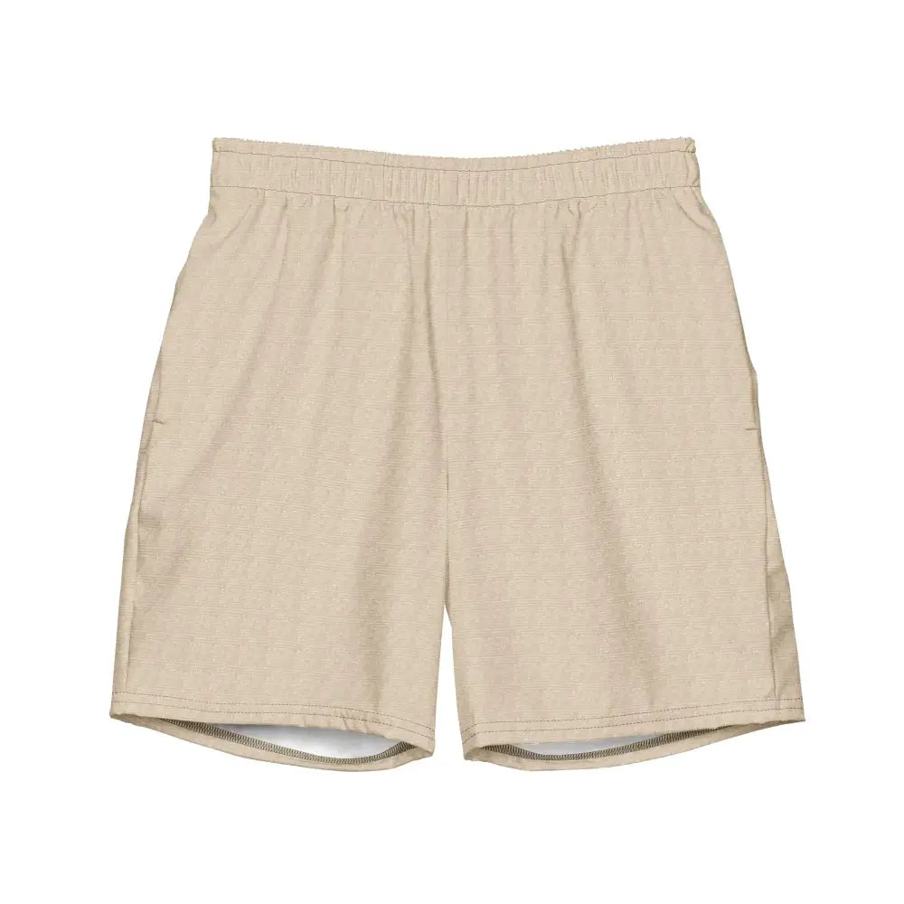 Beige textured shorts with an elastic waistband and subtle side pockets.