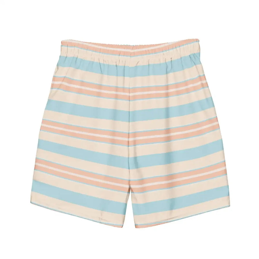 Pastel blue and peach-striped shorts with an elastic waistband.