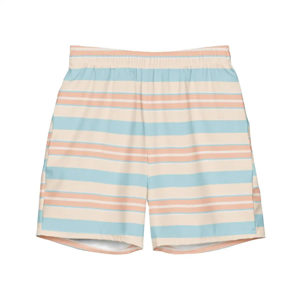 Pastel blue and peach-striped swim trunks with an elastic waistband.
