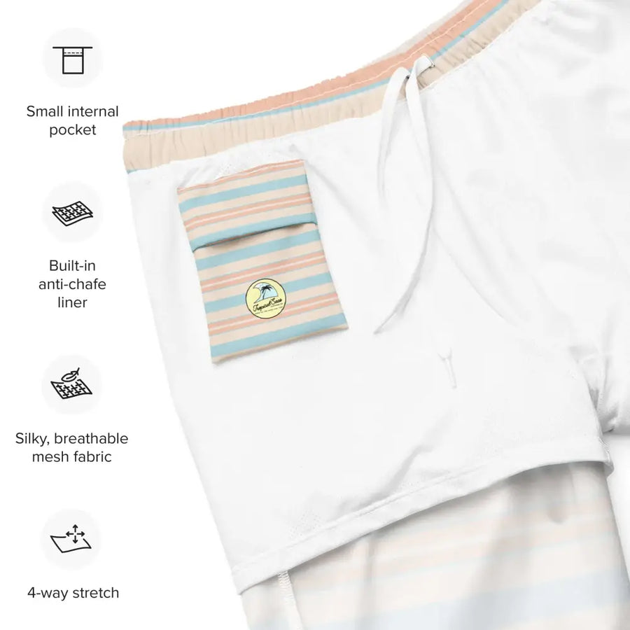 White shorts with a striped pocket and elastic waistband.
