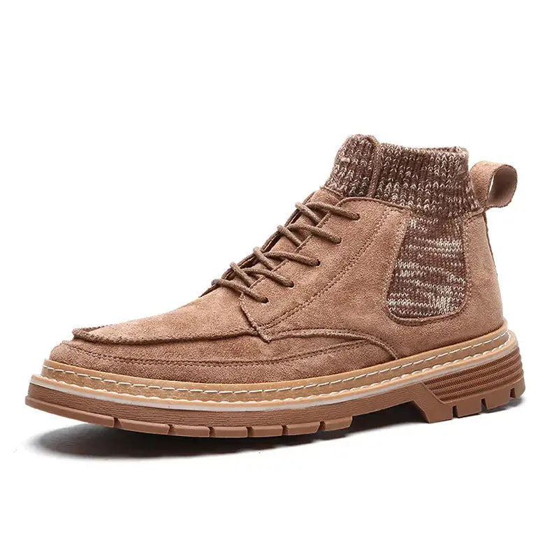 Tan suede ankle boot with a knitted fabric collar and side panel, featuring brown laces and a chunky rubber sole.