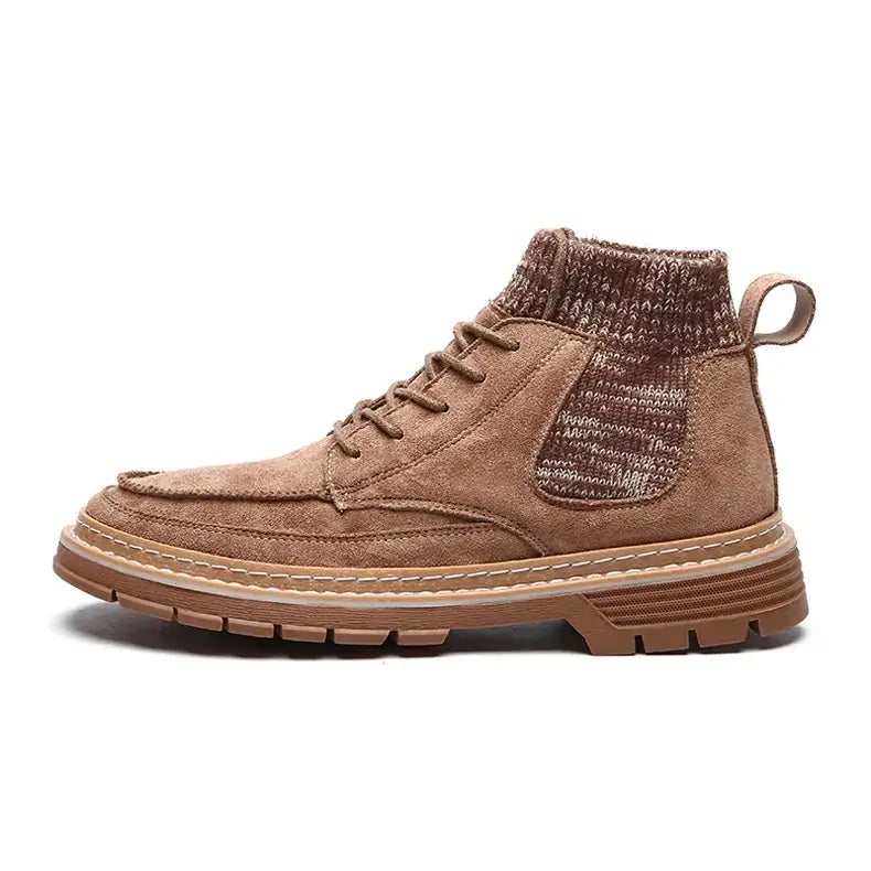 Brown suede ankle boot with a knitted fabric panel and matching laces.