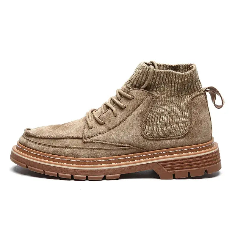 Tan suede ankle boot with a knitted sock-like collar and brown rubber sole.